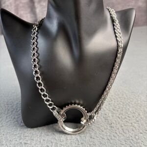 Silver Tone Mixed Chain Rhinestone Circle Pendant Statement Necklace 22 Inch